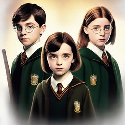 A high-quality digital art image showcasing Asa Butterfield, Noah Schnapp, and Millie Bobby Brown as characters in a Harry Potter movie