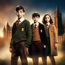 A high-quality digital art image showcasing Asa Butterfield, Noah Schnapp, and Millie Bobby Brown as characters in a Harry Potter movie