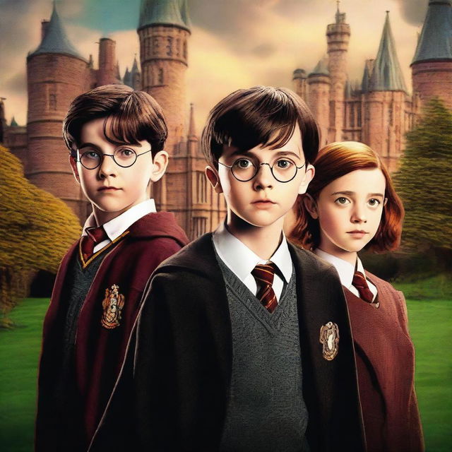 A high-quality digital art image showcasing Asa Butterfield, Noah Schnapp, and Millie Bobby Brown as characters in a Harry Potter movie