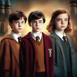 A high-quality digital art image showcasing Asa Butterfield, Noah Schnapp, and Millie Bobby Brown as characters in a Harry Potter movie