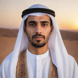 Portrait of a person in traditional Arabic clothing, with distinct Middle Eastern features, expressing a serene demeanor in a desert landscape at sunset.