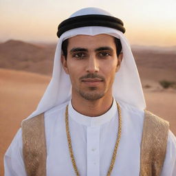 Portrait of a person in traditional Arabic clothing, with distinct Middle Eastern features, expressing a serene demeanor in a desert landscape at sunset.