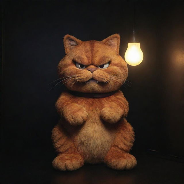 Garfield with a menacing and evil look on his face, highlighted by ambient creepy lights