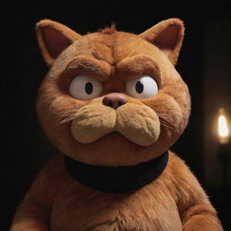 Garfield with a menacing and evil look on his face, highlighted by ambient creepy lights