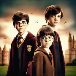 A high-quality digital art image showcasing Asa Butterfield, Noah Schnapp, and Millie Bobby Brown as characters in a Harry Potter movie