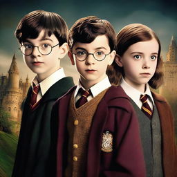 A high-quality digital art image showcasing Asa Butterfield, Noah Schnapp, and Millie Bobby Brown as characters in a Harry Potter movie