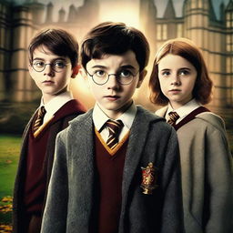 A high-quality digital art image showcasing Asa Butterfield, Noah Schnapp, and Millie Bobby Brown as characters in a Harry Potter movie