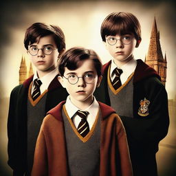 A high-quality digital art image showcasing Asa Butterfield, Noah Schnapp, and Millie Bobby Brown as characters in a Harry Potter movie