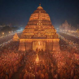 A grand and festive scene showcasing Shree Ram, accompanied by his wife Sita and brother Lakshman, returning to the glorious city of Ayodhya lit up with thousands of lamps.