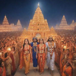 A grand and festive scene showcasing Shree Ram, accompanied by his wife Sita and brother Lakshman, returning to the glorious city of Ayodhya lit up with thousands of lamps.