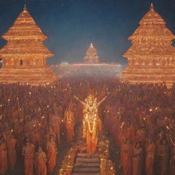 A grand and festive scene showcasing Shree Ram, accompanied by his wife Sita and brother Lakshman, returning to the glorious city of Ayodhya lit up with thousands of lamps.