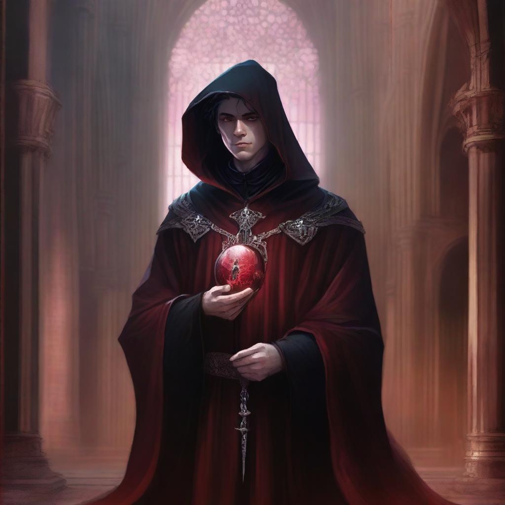 An intricately detailed digital art image featuring a 20-year-old priest from Dungeons and Dragons