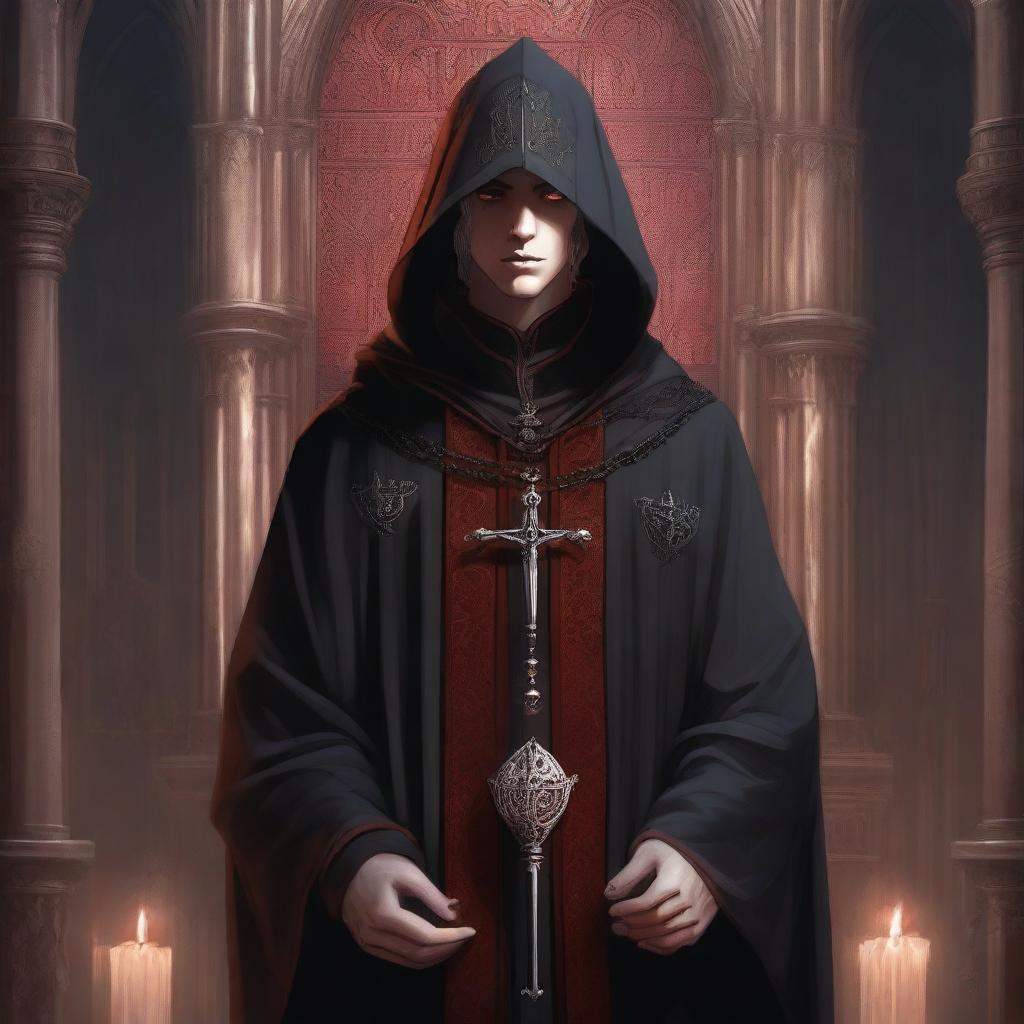 An intricately detailed digital art image featuring a 20-year-old priest from Dungeons and Dragons