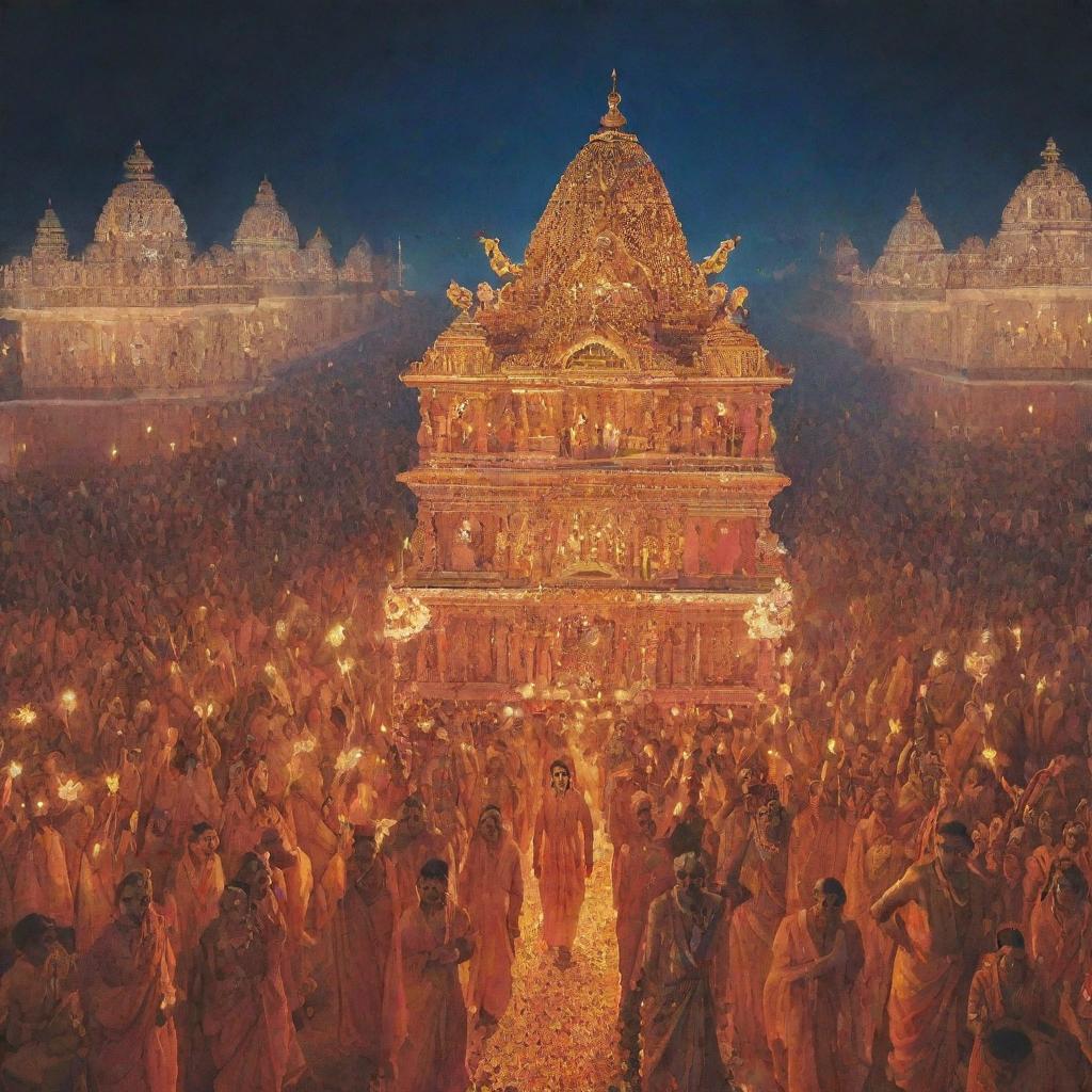 A grand and festive scene showcasing Shree Ram, accompanied by his wife Sita and brother Lakshman, returning to the glorious city of Ayodhya lit up with thousands of lamps.