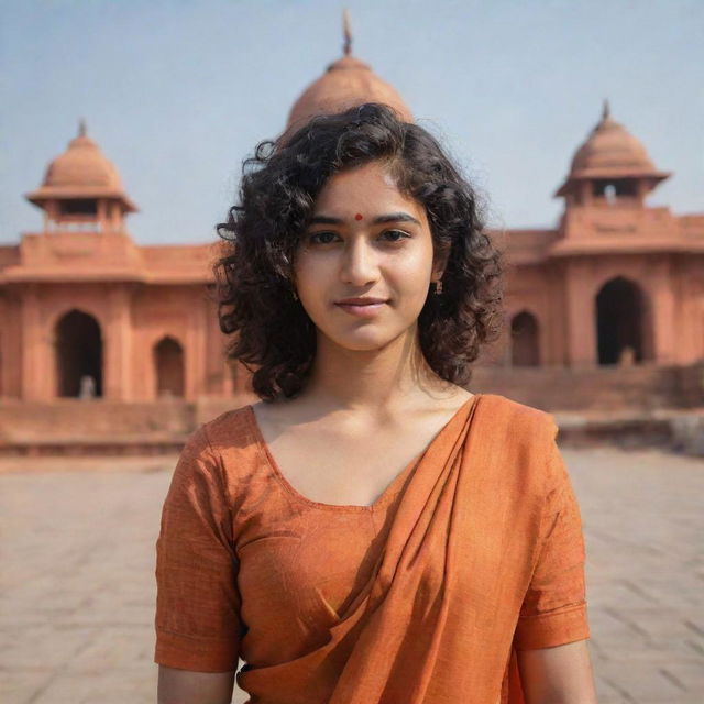 Create a visual of a 22-year-old woman known as Archana with short, curly hair, standing in front of the iconic Ayodhya Ram Mandir in India.