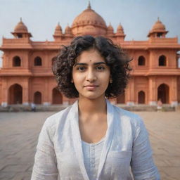 Create a visual of a 22-year-old woman known as Archana with short, curly hair, standing in front of the iconic Ayodhya Ram Mandir in India.