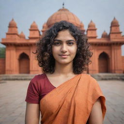 Create a visual of a 22-year-old woman known as Archana with short, curly hair, standing in front of the iconic Ayodhya Ram Mandir in India.