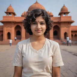 Create a visual of a 22-year-old woman known as Archana with short, curly hair, standing in front of the iconic Ayodhya Ram Mandir in India.