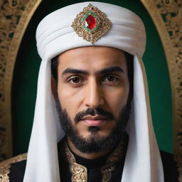 A peaceful, respectful portrait of Imam Hussain, the grandson of Prophet Muhammad. He should be portrayed in traditional Islamic attire, symbolizing wisdom and patience.