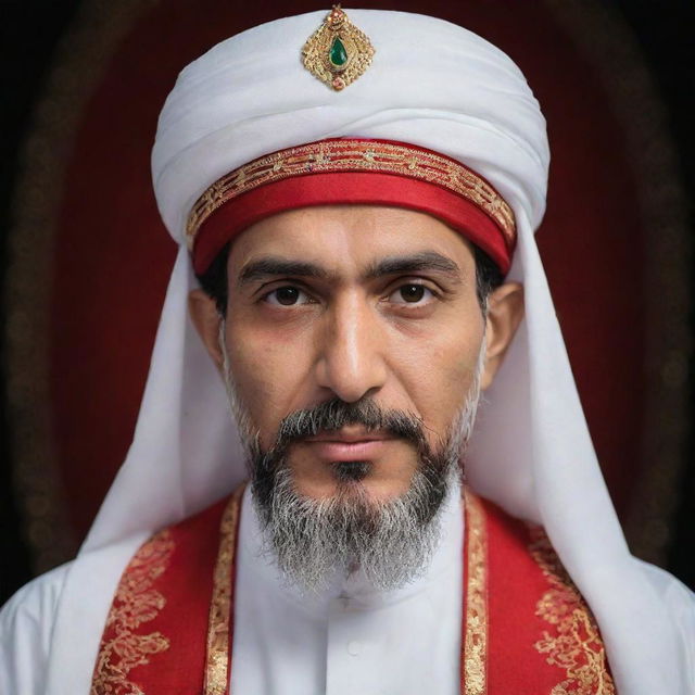 A peaceful, respectful portrait of Imam Hussain, the grandson of Prophet Muhammad. He should be portrayed in traditional Islamic attire, symbolizing wisdom and patience.