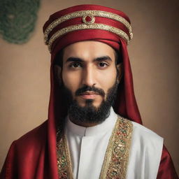 A peaceful, respectful portrait of Imam Hussain, the grandson of Prophet Muhammad. He should be portrayed in traditional Islamic attire, symbolizing wisdom and patience.