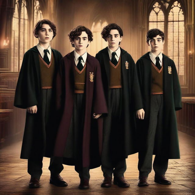 A high-quality digital art image featuring Timothée Chalamet, Asa Butterfield, Millie Bobby Brown, and Noah Schnapp as Hogwarts students in the Harry Potter universe