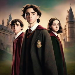 A high-quality digital art image featuring Timothée Chalamet, Asa Butterfield, Millie Bobby Brown, and Noah Schnapp as Hogwarts students in the Harry Potter universe