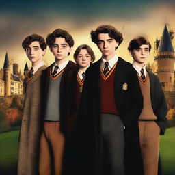 A high-quality digital art image featuring Timothée Chalamet, Asa Butterfield, Millie Bobby Brown, and Noah Schnapp as Hogwarts students in the Harry Potter universe