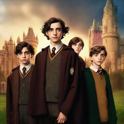 A high-quality digital art image featuring Timothée Chalamet, Asa Butterfield, Millie Bobby Brown, and Noah Schnapp as Hogwarts students in the Harry Potter universe