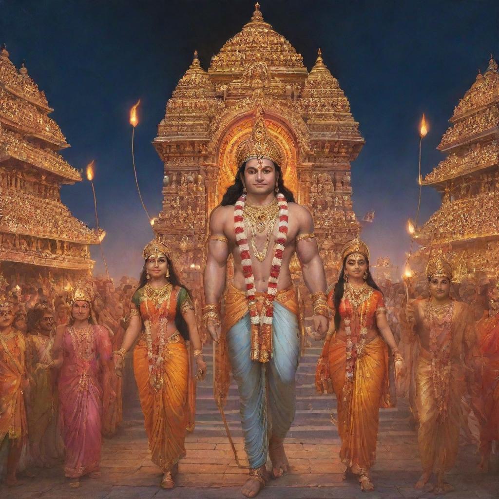 A detailed and high-resolution image of Shree Ram, along with Sita and Lakshman, returning to Ayodhya, which is decorated with countless glowing lamps.