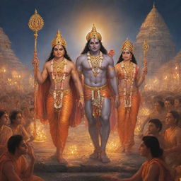 A detailed and high-resolution image of Shree Ram, along with Sita and Lakshman, returning to Ayodhya, which is decorated with countless glowing lamps.