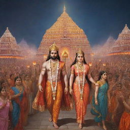 A detailed and high-resolution image of Shree Ram, along with Sita and Lakshman, returning to Ayodhya, which is decorated with countless glowing lamps.