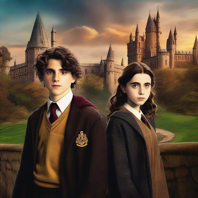 An exceptional digital art image featuring Timothée Chalamet and Millie Bobby Brown as Hogwarts students in the Harry Potter universe