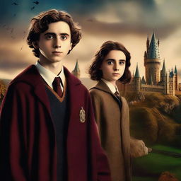 An exceptional digital art image featuring Timothée Chalamet and Millie Bobby Brown as Hogwarts students in the Harry Potter universe