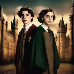 An exceptional digital art image featuring Timothée Chalamet and Millie Bobby Brown as Hogwarts students in the Harry Potter universe