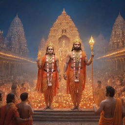 A detailed and high-resolution image of Shree Ram, along with Sita and Lakshman, returning to Ayodhya, which is decorated with countless glowing lamps.