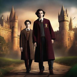 An exceptional digital art image featuring Timothée Chalamet and Millie Bobby Brown as Hogwarts students in the Harry Potter universe