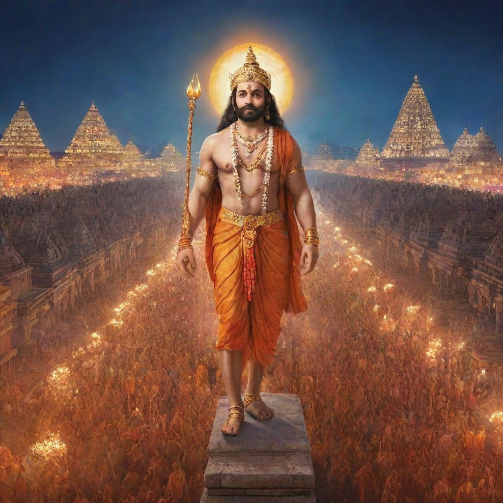 A clear, high-resolution image depicting Shree Ram alone, returning to the illuminated city of Ayodhya adorned with thousands of radiant lamps.