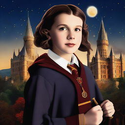 A high-quality digital art piece showcasing Millie Bobby Brown as a Hogwarts student