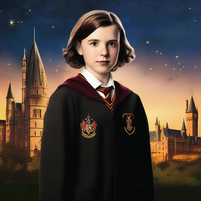 A high-quality digital art piece showcasing Millie Bobby Brown as a Hogwarts student