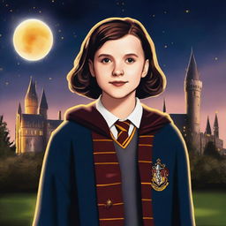 A high-quality digital art piece showcasing Millie Bobby Brown as a Hogwarts student