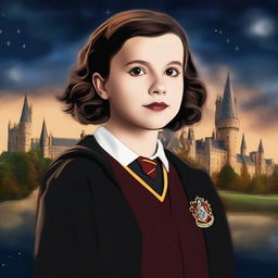 A high-quality digital art piece showcasing Millie Bobby Brown as a Hogwarts student