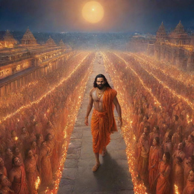 A clear, high-resolution image depicting Shree Ram alone, returning to the illuminated city of Ayodhya adorned with thousands of radiant lamps.