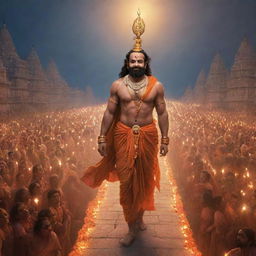 A clear, high-resolution image depicting Shree Ram alone, returning to the illuminated city of Ayodhya adorned with thousands of radiant lamps.