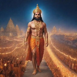 A clear, high-resolution image depicting Shree Ram alone, returning to the illuminated city of Ayodhya adorned with thousands of radiant lamps.