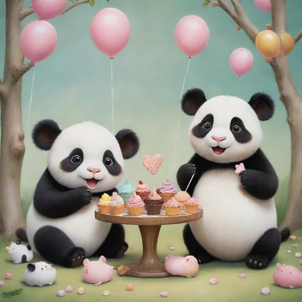 Two adorable cows, a panda, and a mouse joyously eating candies in a whimsical, cute setting.