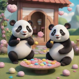 Two adorable cows, a panda, and a mouse joyously eating candies in a whimsical, cute setting.