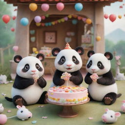 Two adorable cows, a panda, and a mouse joyously eating candies in a whimsical, cute setting.