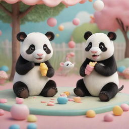 Two adorable cows, a panda, and a mouse joyously eating candies in a whimsical, cute setting.