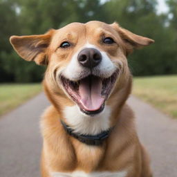 A happy dog with a wide, joyful, and endearing smile that exhibits the essence of canine bliss.